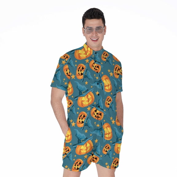 Pumpkin With Witch Hat Pattern Short Sleeve Men'S Rompers Casual Summer Jumpsuits Outfit