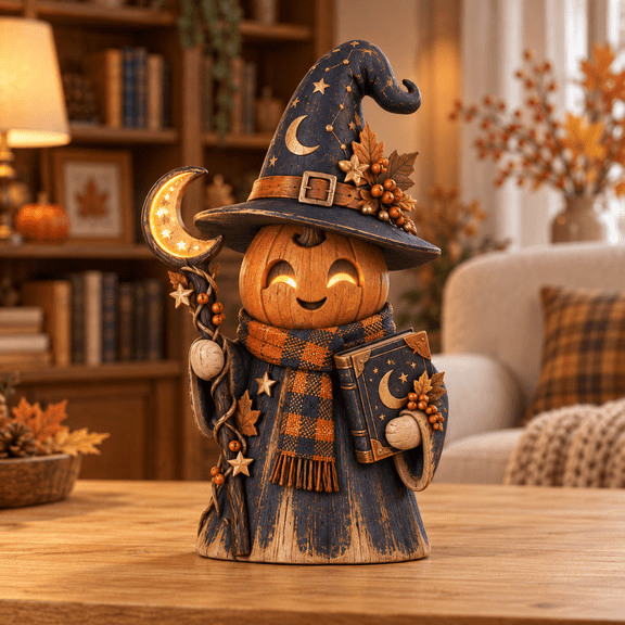 Pumpkin Wizard Wooden Block 3 Layer for Halloween Tabletop Decor