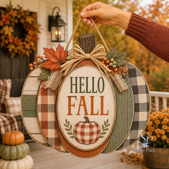 Pumpkin Wooden Door Hanger Farmhouse Plaid Wood Front Door Decor for Rustic Homes