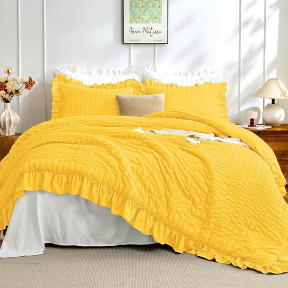 Pumpkin Yellow Twin Comforter Set, 2pc Ruffle Seersucker Bed Set