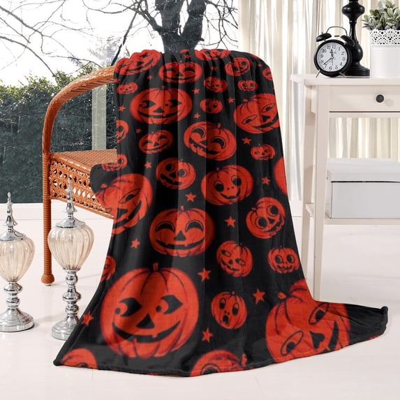 Pumpkin and Black Cat Pattern Halloween Blanket - Spooky Vintage Style 50x60 Inch Ultra Soft Plush Throw for Home Decor