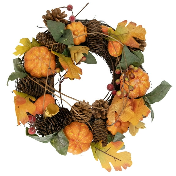 Northlight Speckled Pumpkins, Vine and Pinecone Artificial Fall Harvest Small Twig Wreath - 13.5"