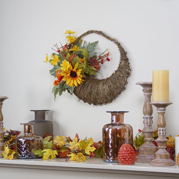 Northlight Cornucopia and Sunflower with Pumpkins Small Artificial Thanksgiving Wreath - 20" - Unlit