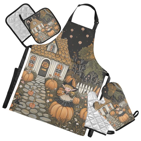 Pumpkin and Witch Oven Mitts and Pot Holders with Chef Apron Set 5 Pcs Kitchen Cooking Set