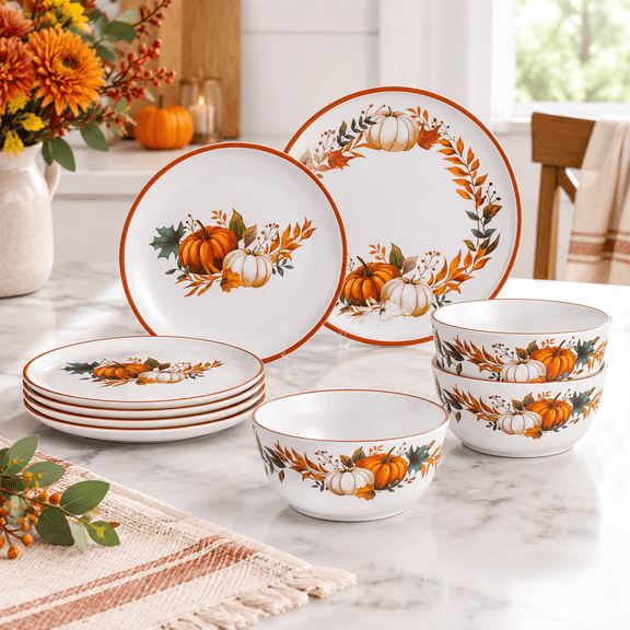 Pumpkin brown 12-piece dinnerware set for 4, seasonal fall tableware