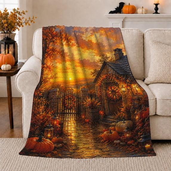 Pumpkin cottage lantern gate Flannel Blanket cozy autumn landscape artwork Home Decor for couch bedroom guest room, Thanksgiving Gift for farmhouse and fall decor fans
