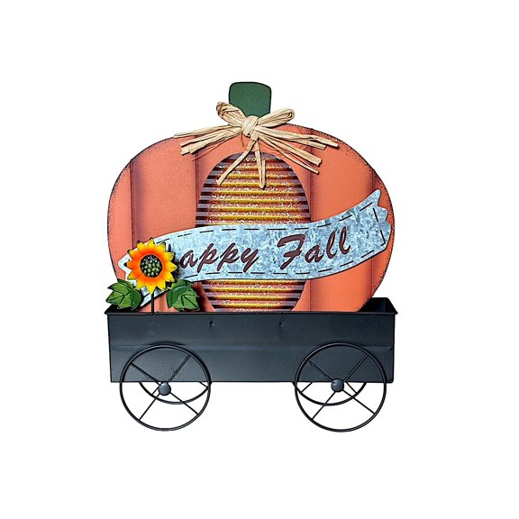 Pumpkin in Metal Cart / Happy Fall / Autumn Thanksgiving Indoor Room Mantel Fireplace Home Business Rustic Farmhouse Decoration 15 x 13