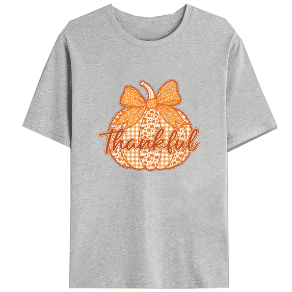 Halloween round-neck short-sleeved Pumpkin thank-you letter graphic T-shirt casual and fashionable Gray S-3XL