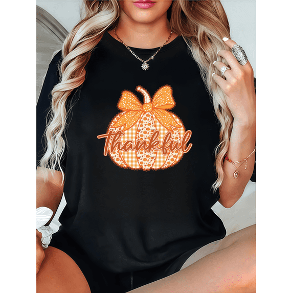 Pumpkin thank-you letter graphic T-shirt, round-neck short-sleeved, casual and fashionable black S-5XL