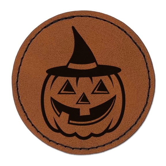 Pumpkin with Witch Jack-O'-Lantern Hat Halloween 2.5" Faux Leather Round Engraved Iron-On Patch - Brown