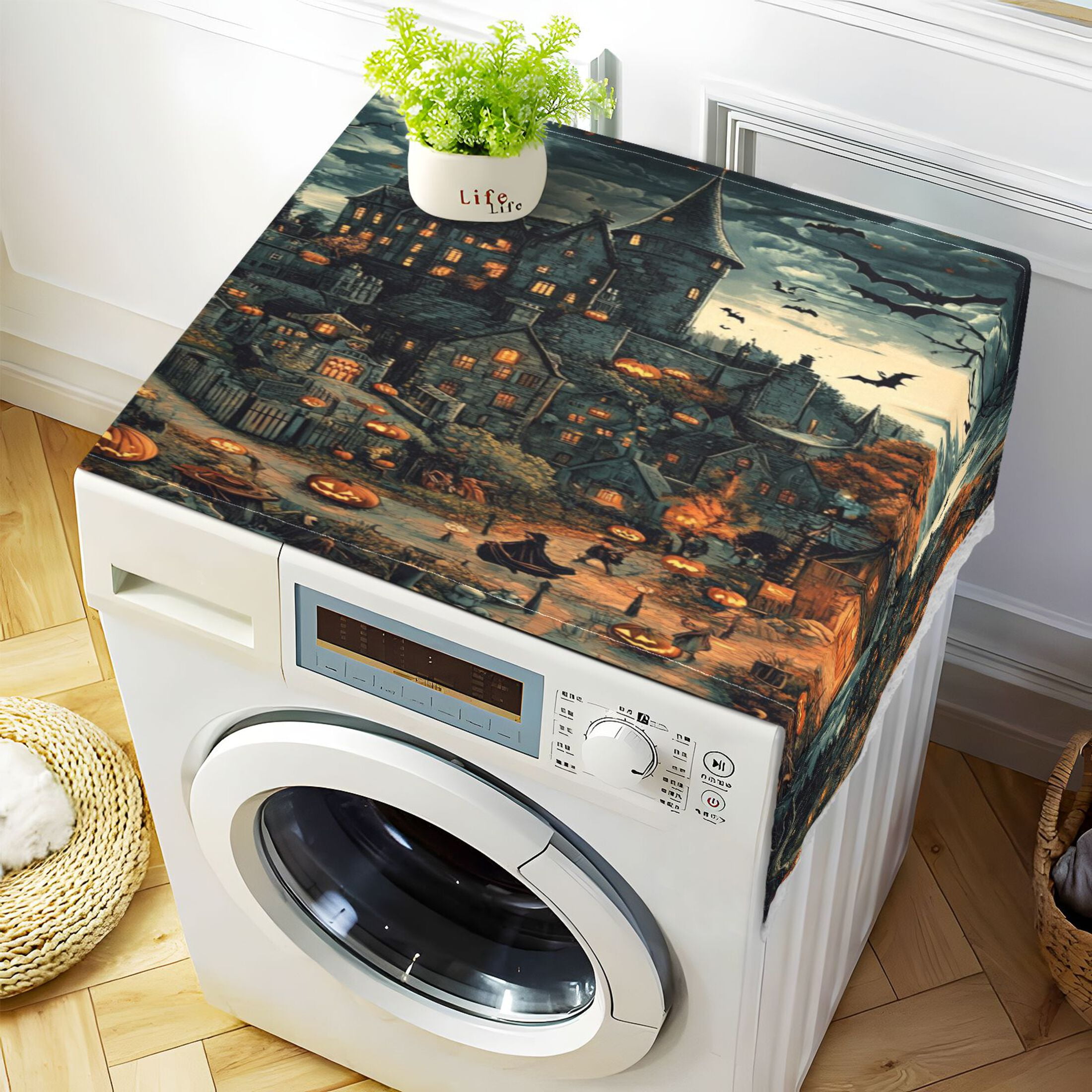 Pumpkinhead CastleWasher and Dryer Covers Dust-Proof and Oil Resistant Fridge Cover with 4 Storage Pockets Washing Machine Top Cover for Laundry Kitchen Home 51.2 x 22 In