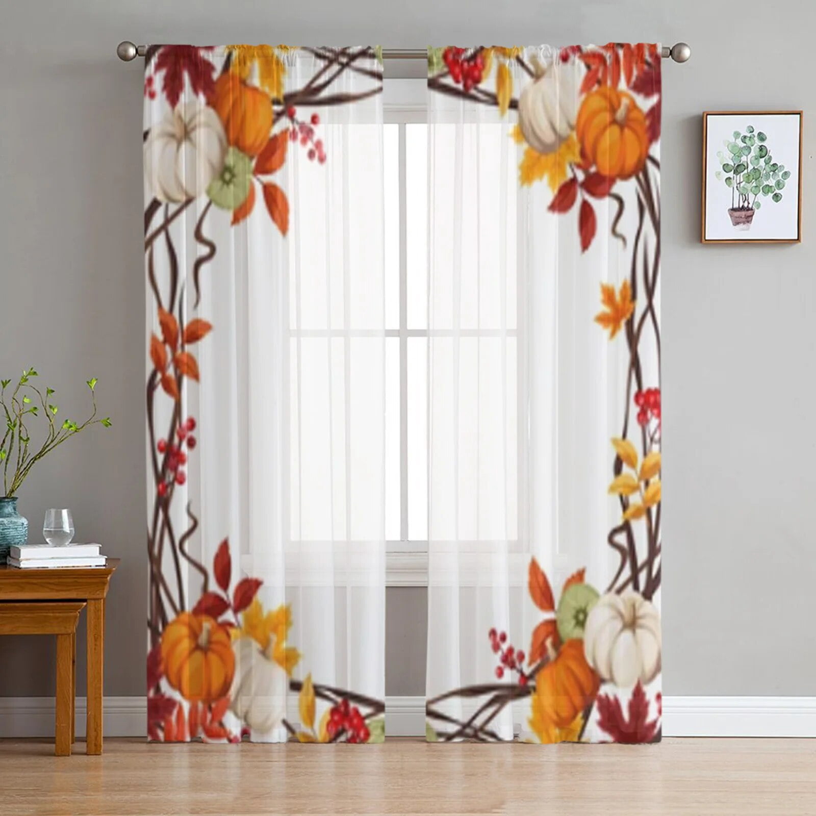 Pumpkins Autumn Leaves Sheer Curtains For Living Room Window