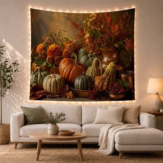 Pumpkins and Berries on a Muted Brownish-Gold Background, Nostalgic Rustic for Autumn Decor Lovers, Still Life Wall Art, Thanksgiving Gift, Tapestry Wall Hanging for Living Room and Bedroom