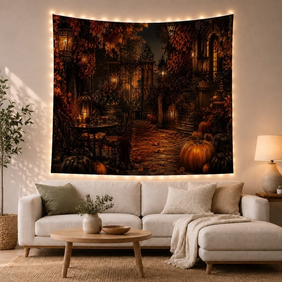 Pumpkins in a Black and Orange Gate Courtyard, Mysterious Gothic Style for Home Decor Fans, Autumn Lantern Art, Halloween Gift, Tapestry Wall Hanging for Bedroom and Den