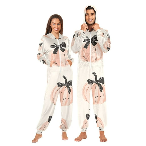 Pumpkins Bows Adult Onesie Pajamas Slim Fit Christmas One Piece Suit Pjs for Women and Men Hooded Zipper