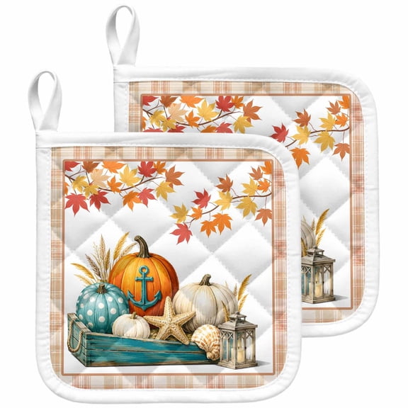Pumpkins Coastal Fall Pot Holders for Kitchen Heatproof Potholder, 2 Pack Thanksgiving Botanical Checkered Hot Pads Multipurpose Oven Pads Terry Cloth Potholders Trivet for Cooking and Baking