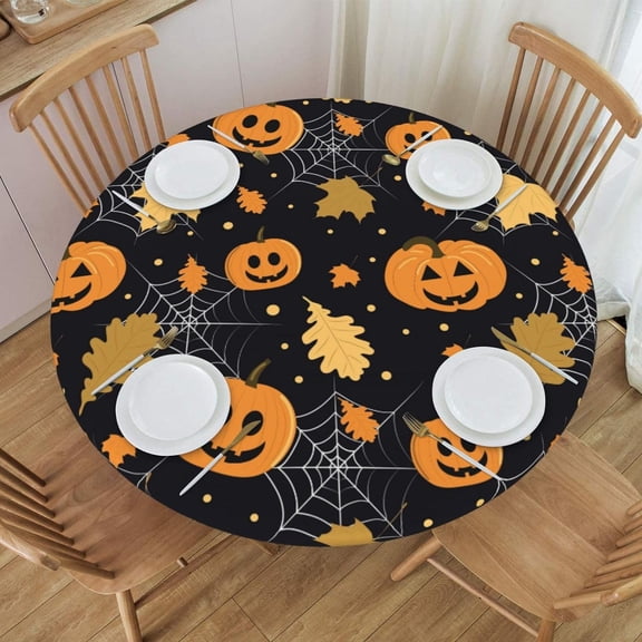 Pumpkins Cobwebs Fall Leaves Halloween Fitted Round Tablecloth Waterproof Table Cloth with Elastic Edge Wipe Clean Table Cover for Indoor Outdoor Fits 45"-50", Medium