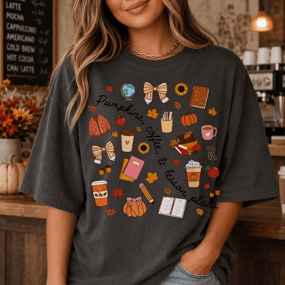 Pumpkins Coffee and Lesson Plans Teacher T-Shirt, Cute Fall Classroom Graphic Tee, Cozy Autumn School Shirt, Comfort Colors Gift for Teachers - Pepper, 2XL
