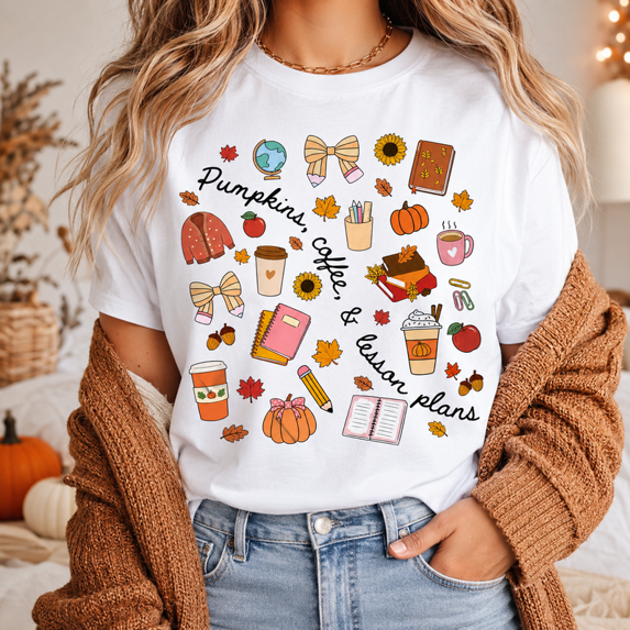Pumpkins Coffee and Lesson Plans Teacher T-Shirt, Cute Fall Classroom Graphic Tee, Cozy Autumn School Shirt, Comfort Colors Gift for Teachers - White, M
