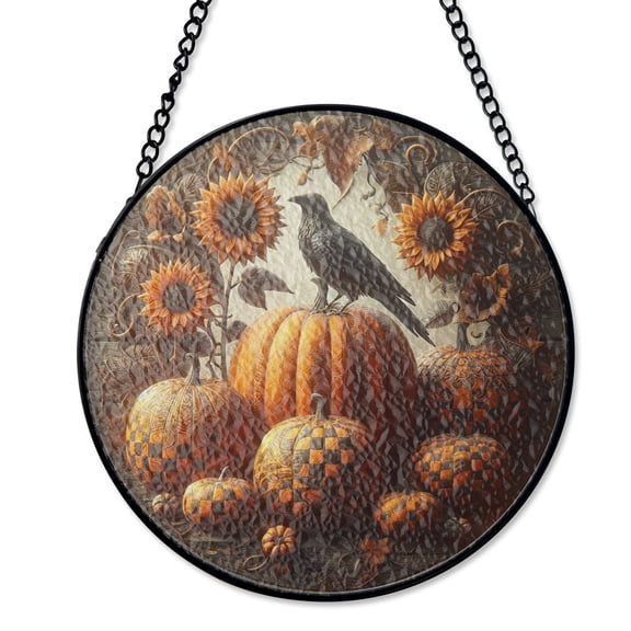 Pumpkins Crow And Sunflowers Suncatcher, Stained Glass Style UV Printed Glass, Primitive Fall Harvest Decor, Round