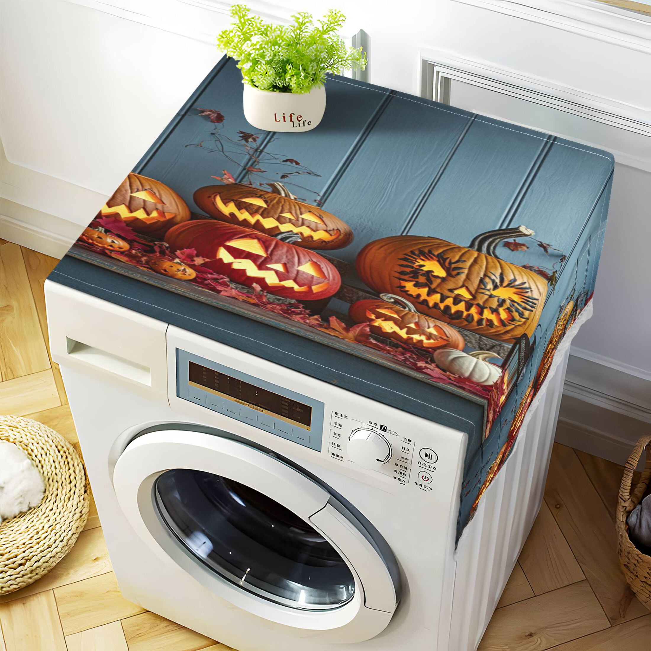 Pumpkins with Different FaceWasher and Dryer Covers Dust-Proof and Oil Resistant Fridge Cover with 4 Storage Pockets Washing Machine Top Cover for Laundry Kitchen Home 51.2 x 22 In