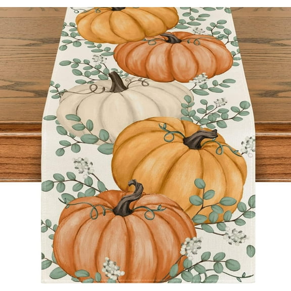 Pumpkins Eucalyptus Leaves Fall Table Runner, Autumn Harvest Tablecloth Thanksgiving Kitchen Dining Table Decoration for Home Party Decor