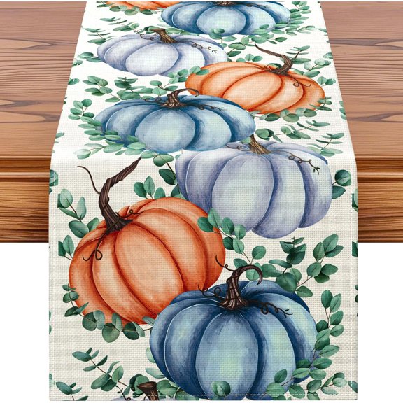 Pumpkins Eucalyptus Leaves Fall Table Runner,Thanksgiving Holiday Kitchen Dining Table Decoration for Fall Home Decor 13x48 Inch - Orange Blue
