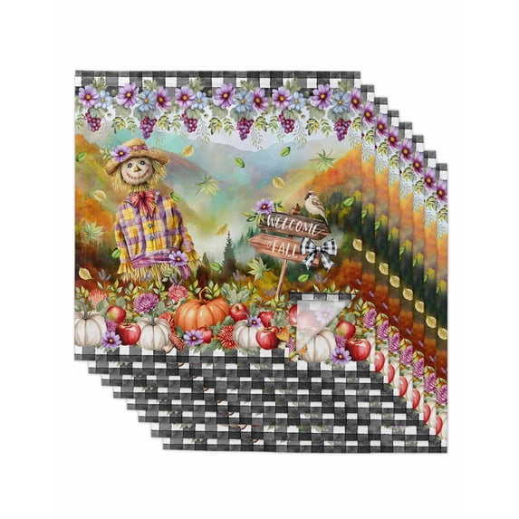 Pumpkins Fall Cloth Napkins Set of 8 Reusable Dinner Napkins, Thanksgiving Flowers Autumn Leaves Forest Cocktail Napkin Washable Table Napkins for Wedding/Holiday Party/Baby Shower 20"x20"