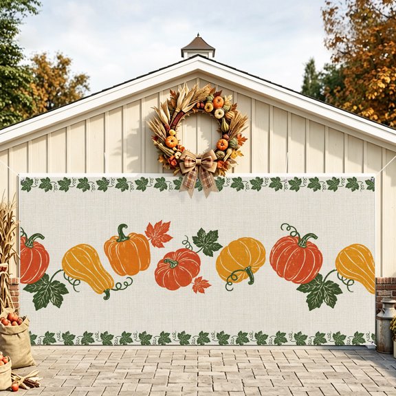 Pumpkins Fall Garage Door Banner 6.9x8 Ft, Green Maple Leaves Thanksgiving Autumn Outdoor Garage Door Cover for Holiday Party, Hanging Banner Backdrop Decoration Wall Decor Flag