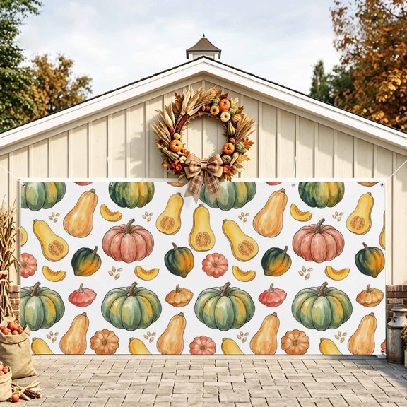Pumpkins Fall Garage Door Banner 6.9x8 Ft, Thanksgiving Harvest Country Autumn Outdoor Garage Door Cover for Holiday Party, Hanging Banner Backdrop Decoration Wall Decor Flag
