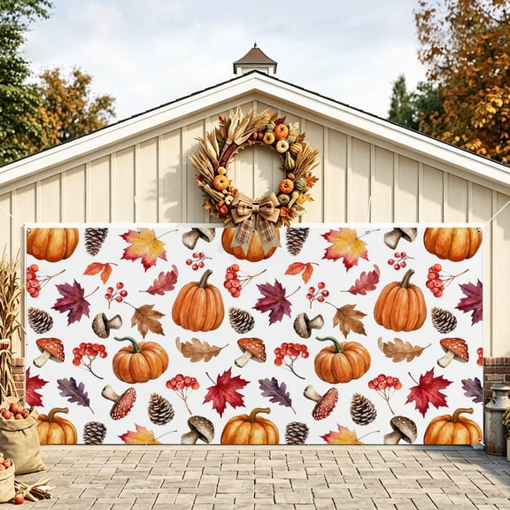 Pumpkins Fall Garage Door Banner 6.9x8 Ft, Thanksgiving Maple Leaves Mushroom Autumn Outdoor Garage Door Cover for Holiday Party, Hanging Banner Backdrop Decoration Wall Decor Flag
