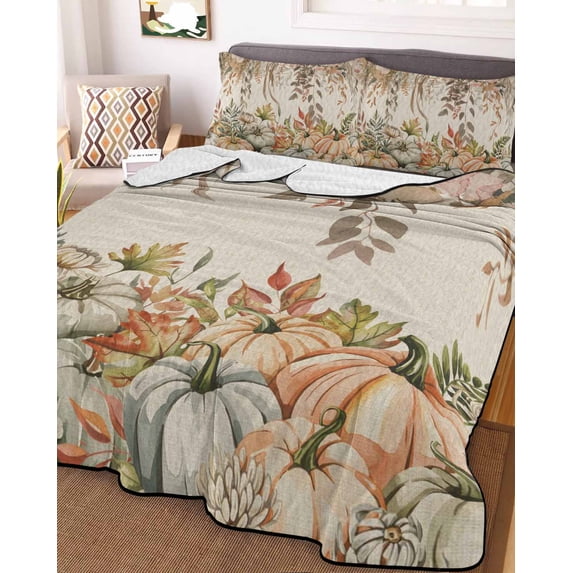 Pumpkins Fall King Size Down Alternative Comforter, Lightweight Comforter Quilt Bedding Set with Pillow Shams Thanksgiving Botanical Eucalyptus Leaves Rustic Bed Comforter Duvet Insert 96"x106"