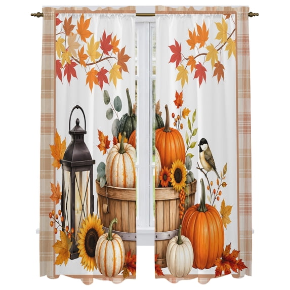 Pumpkins Fall Kitchen Curtain for Berdoom Living Room Cafe 72 Inch Length, Thanksgiving Leaves Floral Checkered Tiers Curtains Light Filtering Drapes Rod Pocket Window Treatment 2 Panels 52"Wx72"L
