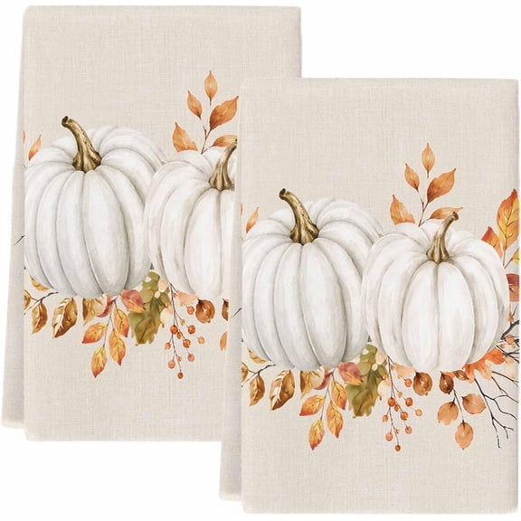 Pumpkins Fall Kitchen Towels Set of 2, Absorbent Microfiber Dish Tea Towels with Hanging Loop, Thanksgiving Autumn Leaves Farmhouse Resuable Hand Towel for Home Kitchen Cleaning 18"x26"