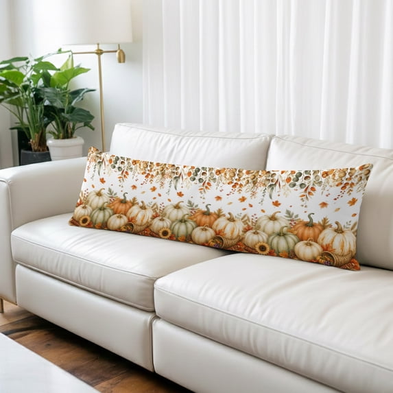 Pumpkins Fall Long Body Pillow Cover 20x60 Inch, Thanksgiving Eucalyptus Leaves Harvest Maple Decorative Pillowcase with Zipper, Microfiber Soft Breathable Long Pillowcases for Women