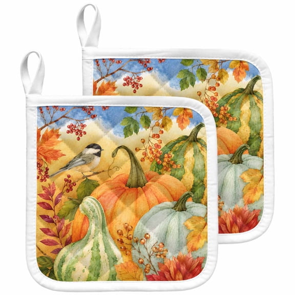 Pumpkins Fall Pot Holders for Kitchen Heatproof Potholder, 2 Pack Thanksgiving Harvest Maple Leaves Birds Hot Pads Multipurpose Oven Pads Terry Cloth Potholders Trivet for Cooking and Baking