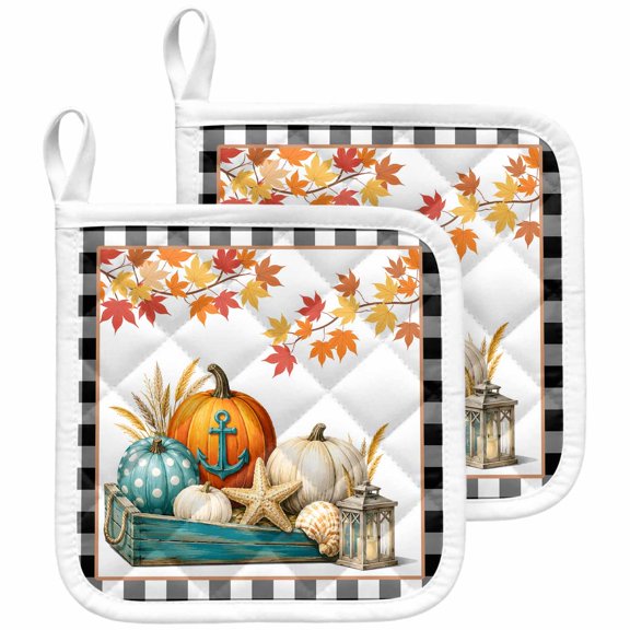 Pumpkins Fall Pot Holders for Kitchen Heatproof Potholder, 2 Pack Thanksgiving Plaid Coastal Nautical Hot Pads Multipurpose Oven Pads Terry Cloth Potholders Trivet for Cooking and Baking