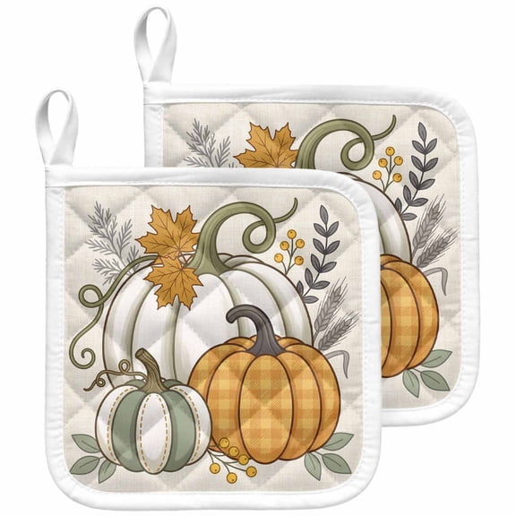 Pumpkins Fall Pot Holders for Kitchen Heatproof Potholder, 2 Pack Thanksgiving Pumpkins Rustic Maple Leaf Hot Pads Multipurpose Oven Pads Terry Cloth Potholders Trivet for Cooking and Baking