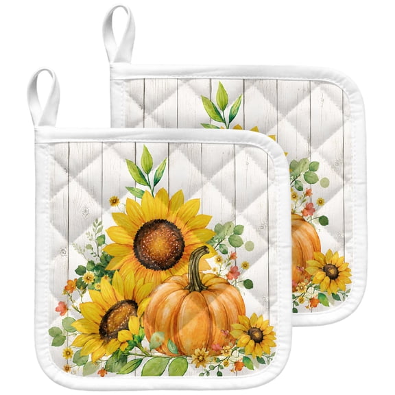 Pumpkins Fall Pot Holders for Kitchen Heatproof Potholder, 2 Pack Thanksgiving Sunflowers Wooden Leaves Hot Pads Multipurpose Oven Pads Terry Cloth Potholders Trivet for Cooking and Baking