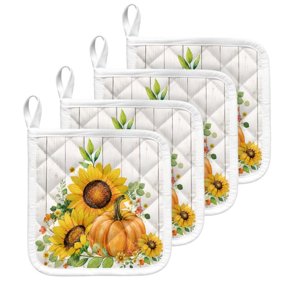 Pumpkins Fall Pot Holders for Kitchen Heatproof Potholder, 4 Pack Thanksgiving Sunflowers Wooden Leaves Hot Pads Multipurpose Oven Pads Terry Cloth Potholders Trivet for Cooking and Baking