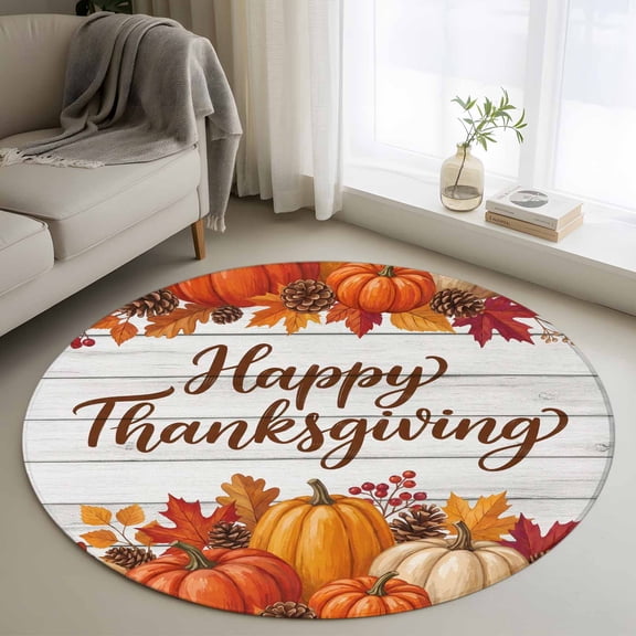 Pumpkins Fall Round Area Rug 3Ft Washable Small Circle Rugs for Kitchen Entryway, Thanksgiving Botanical Wooden Pine Cones Non-Slip Carpet Floor Mats Indoor Outdoor Carpet Runner Aesthetic Home Decor