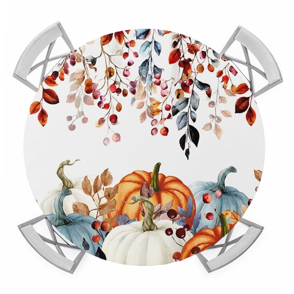 Pumpkins Fall Round Tablecloth for 55-60 Inch Tables,Fitted Table Cover with Elastic Edge,Thanksgiving Eucalyptus Leaves Farmhouse Waterproof Outdoor Table Cloth Protector for Patio Garden Dinner