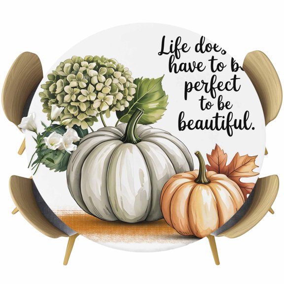 Pumpkins Fall Round Tablecloth, Fitted Table Cover with Elastic for 36"-44" Round Tables, Thanksgiving Flowers Rustic Maples Laves Table Cloth Outdoor Indoor Dinning Party Waterproof Tablecloths
