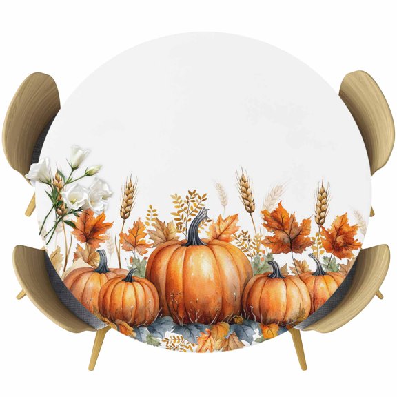 Pumpkins Fall Round Tablecloth, Fitted Table Cover with Elastic for 36"-44" Round Tables, Thanksgiving Maple Leaf Wheat Table Cloth Outdoor Indoor Dinning Party Waterproof Tablecloths