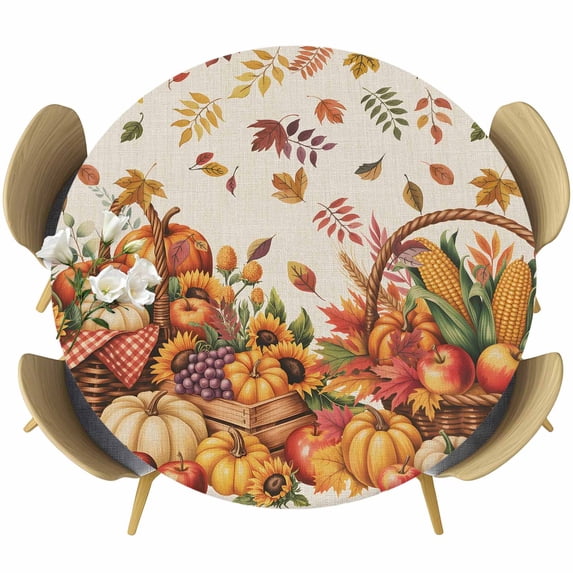 Pumpkins Fall Round Tablecloth, Fitted Table Cover with Elastic for 55"-60" Round Tables, Harvest Thanksgiving Botanical Farmhouse Leaves Table Cloth Outdoor Dinning Party Waterproof Tablecloths