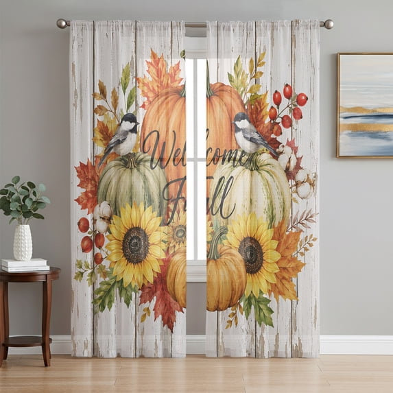 Pumpkins Fall Sheer Curtains 72 Inch Length 2 Panels Set, Thanksgiving Wooden Berry Floral Vintage Voile Window Treatment Rod Pocket Curtains Sheers Drapes for Bedroom/Living Room/Kitchen 52"x72"x2