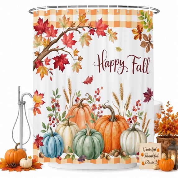 Pumpkins Fall Shower Curtain Set - Standard 72" x 72" Washable Bathtub Curtain with 12 Hooks, Thanksgiving Harvest Maple Leaves Plaid Waterproof Fabric Stall Shower Curtains for Bathroom Décor