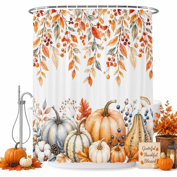 Pumpkins Fall Shower Curtain Set - Standard 72" x 72" Washable Bathtub Curtain with 12 Hooks, Thanksgiving Leaves Berry Farmhouse Waterproof Fabric Stall Shower Curtains for Bathroom/Bathtub Décor