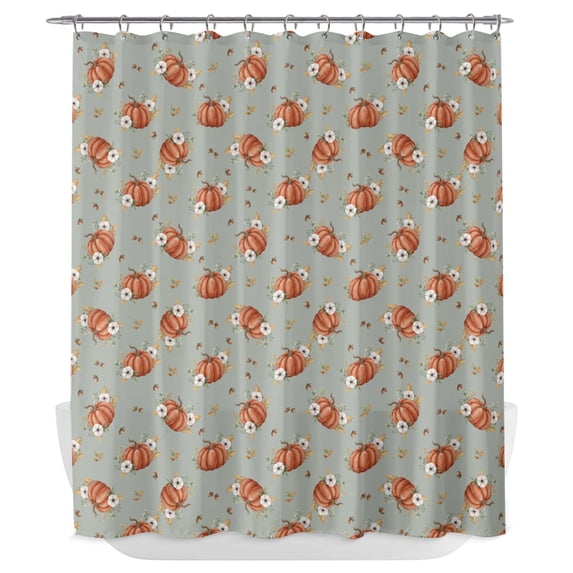 Pumpkins Fall Shower Curtain - Water Repellent Fabric Shower Curtains Washable, Thanksgiving Harvest Botanical Grey Green Decorative Polyester Cloth Bathroom Curtains Modern Bath Decor 72"x72"
