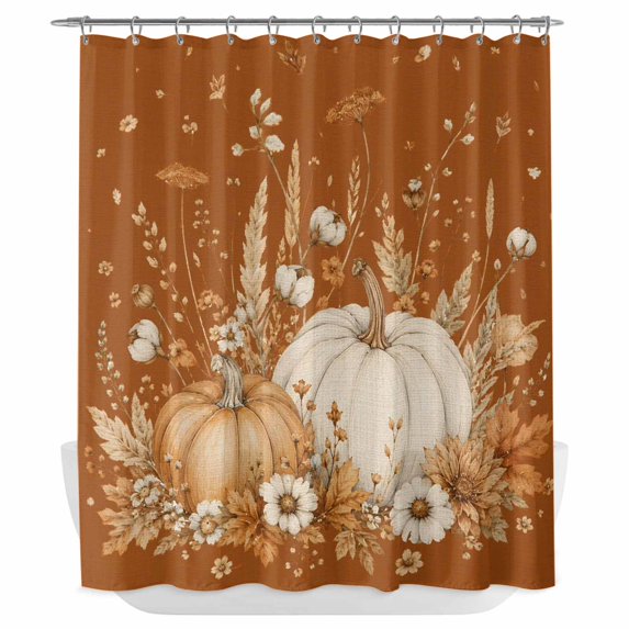 Pumpkins Fall Shower Curtain - Water Repellent Fabric Shower Curtains Washable, Vintage Floral Thanksgiving Orange Decorative Polyester Cloth Bathroom Curtains Modern Bath Decor 72"x72"